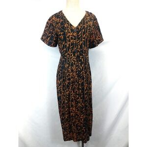 Vintage 90s Rayon Dress Cottagecore Grannycore Boho Black Leaf Print Size 14